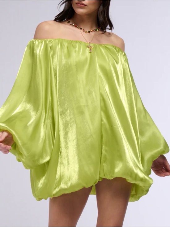 AKIRA Dresses & Skirts - Oversized Mini Dress AKIRA Off-Shoulder Shiny Green Puffy Sleeved Large XL